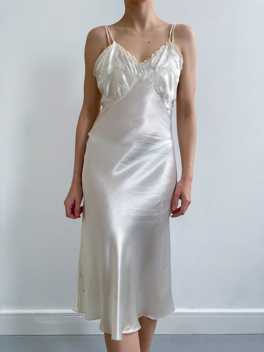 1930s Ivory Slip with Blue Flower Detailing & Spaghetti Straps