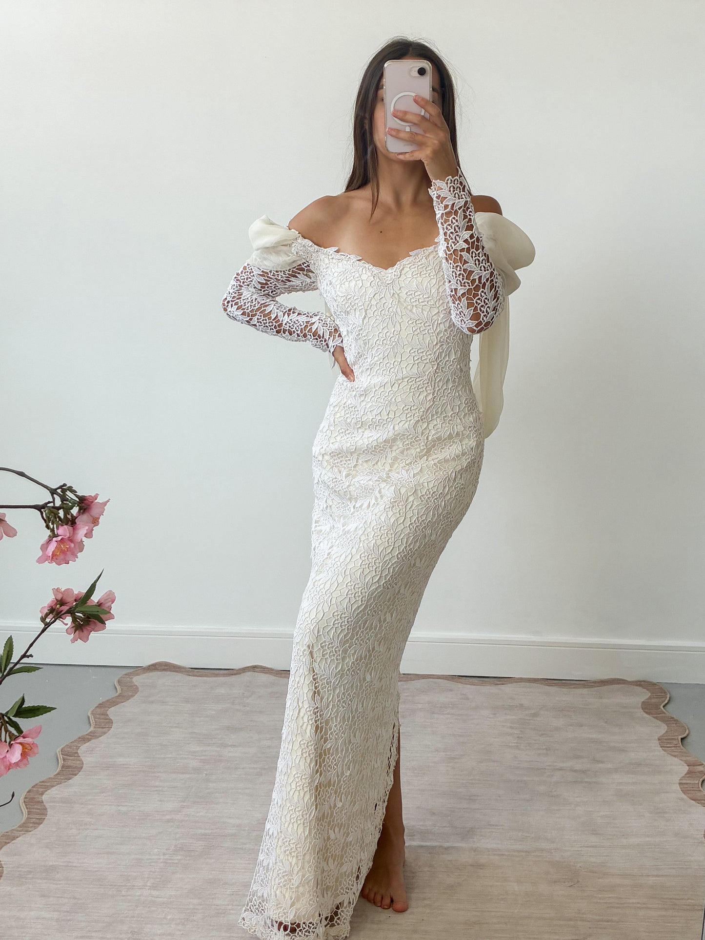 1980s Lace And Chiffon Column Dress With Detachable Cathedral Train S M