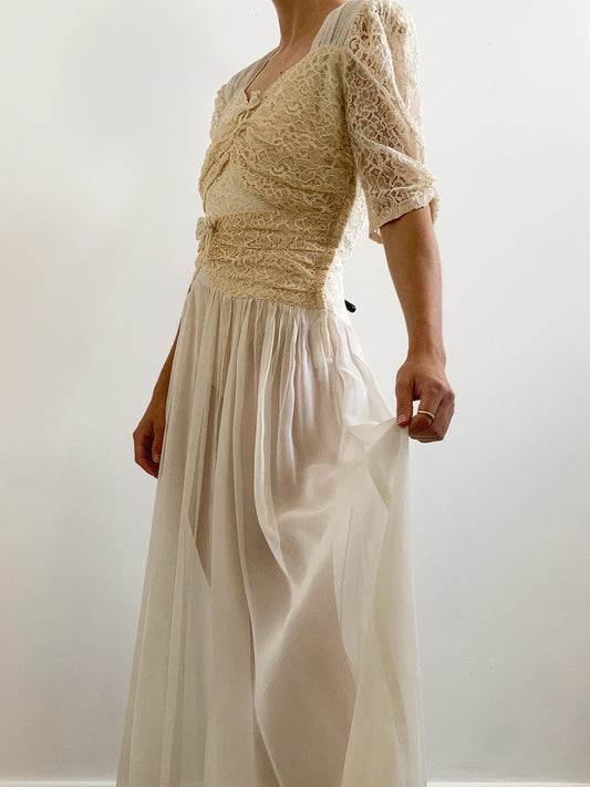 1940s Champagne Lace and Chiffon Wedding Dress with Bows