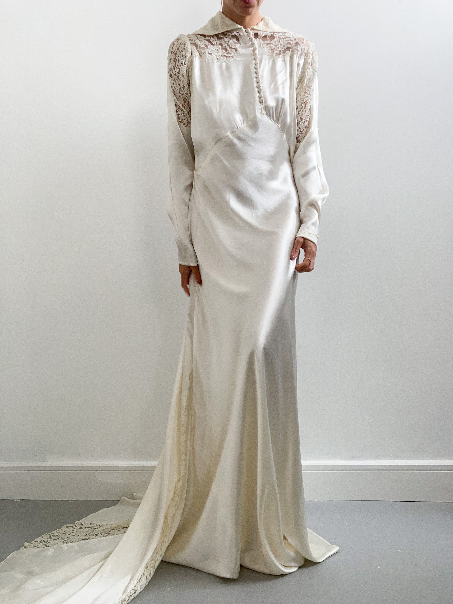 1930s Champagne Silk Satin & Lace Collared Wedding Dress with Train Adored Closet 1930s Champagne Silk Satin & Lace Collared Wedding Dress with Train Adored Closet