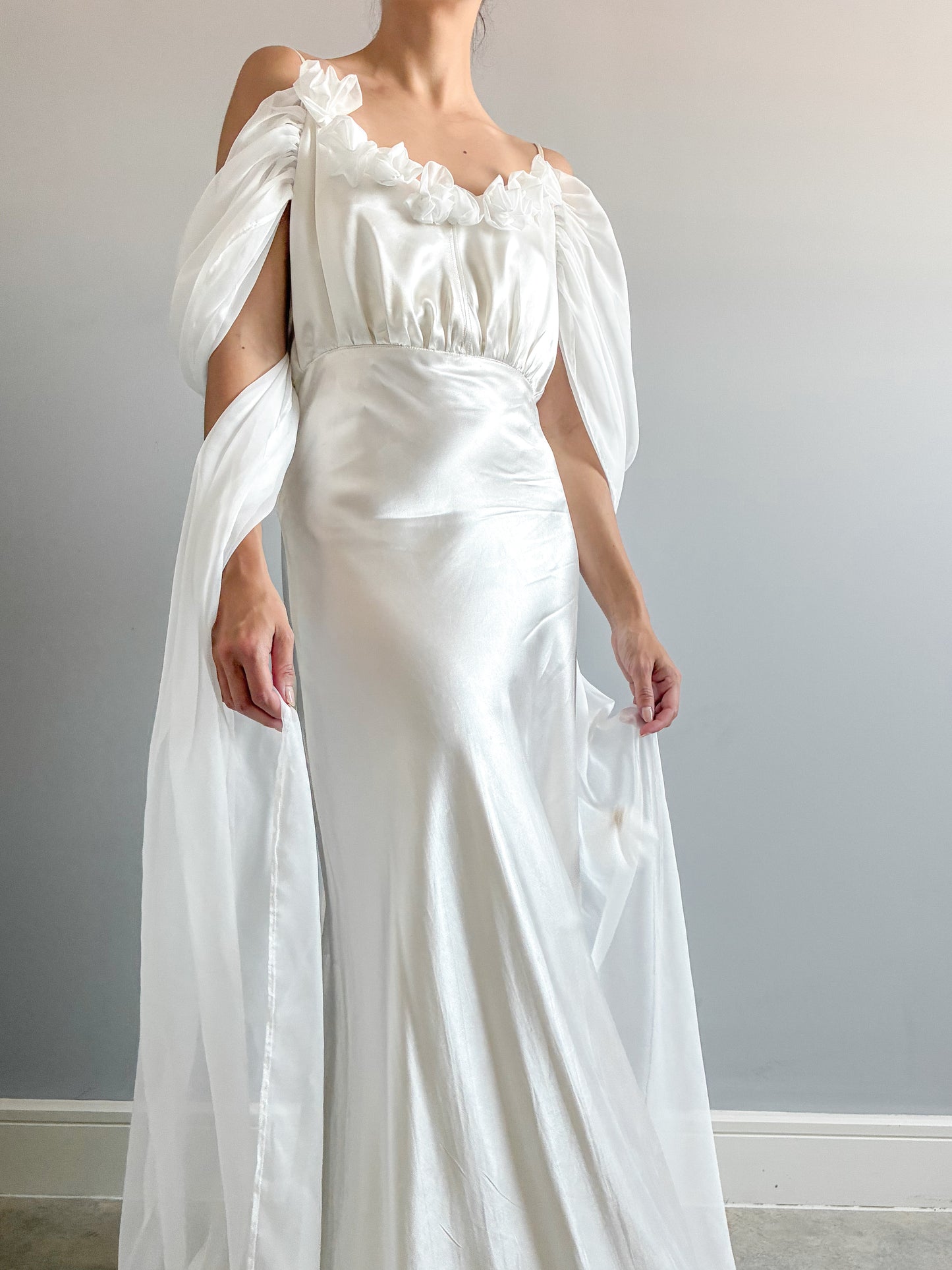 1930s Silk Wedding Gown With Chiffon Sleeves And Bow Detail