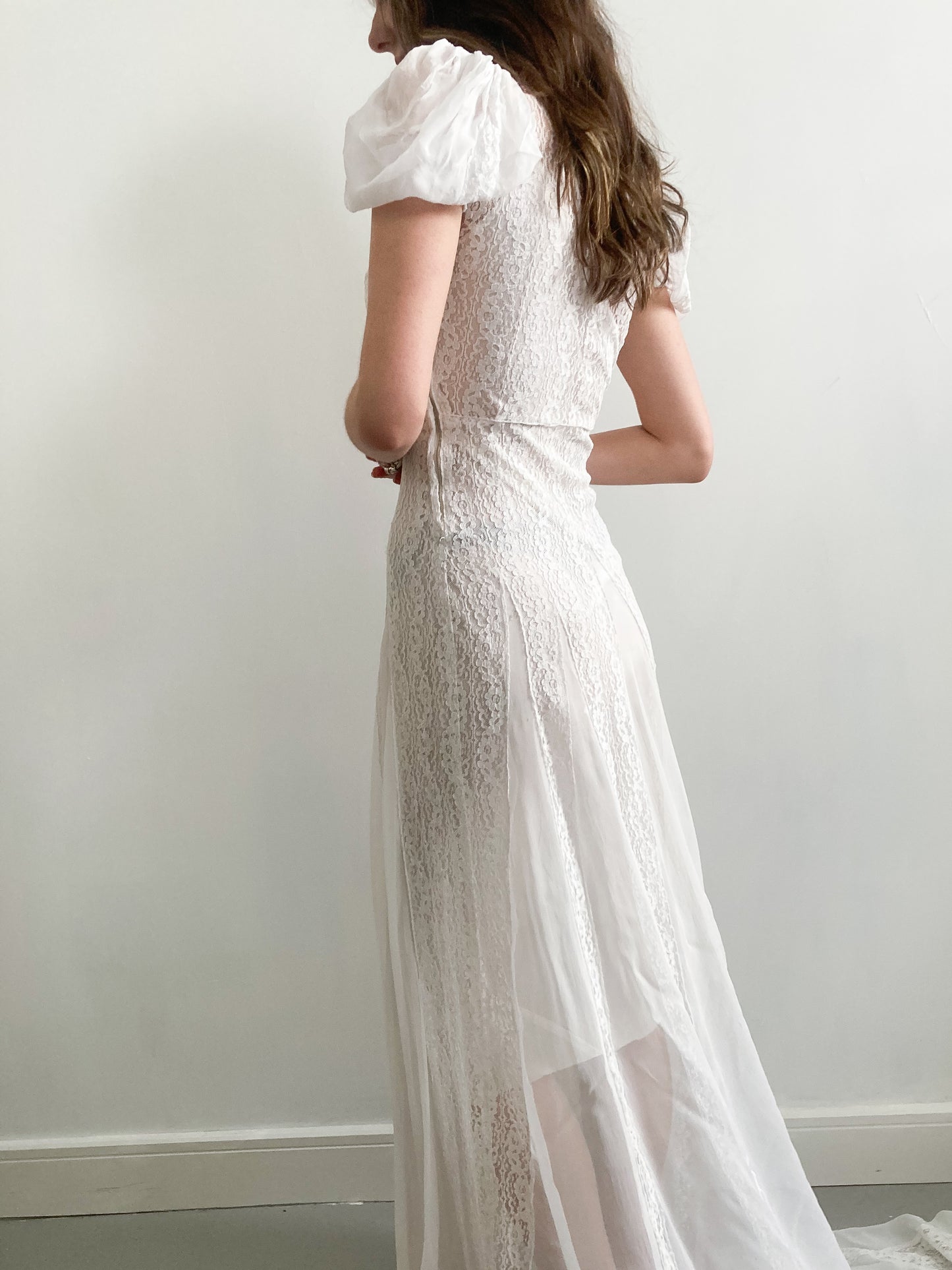 1930s Lace and Puff Sleeve Wedding Dress with Cathedral Train