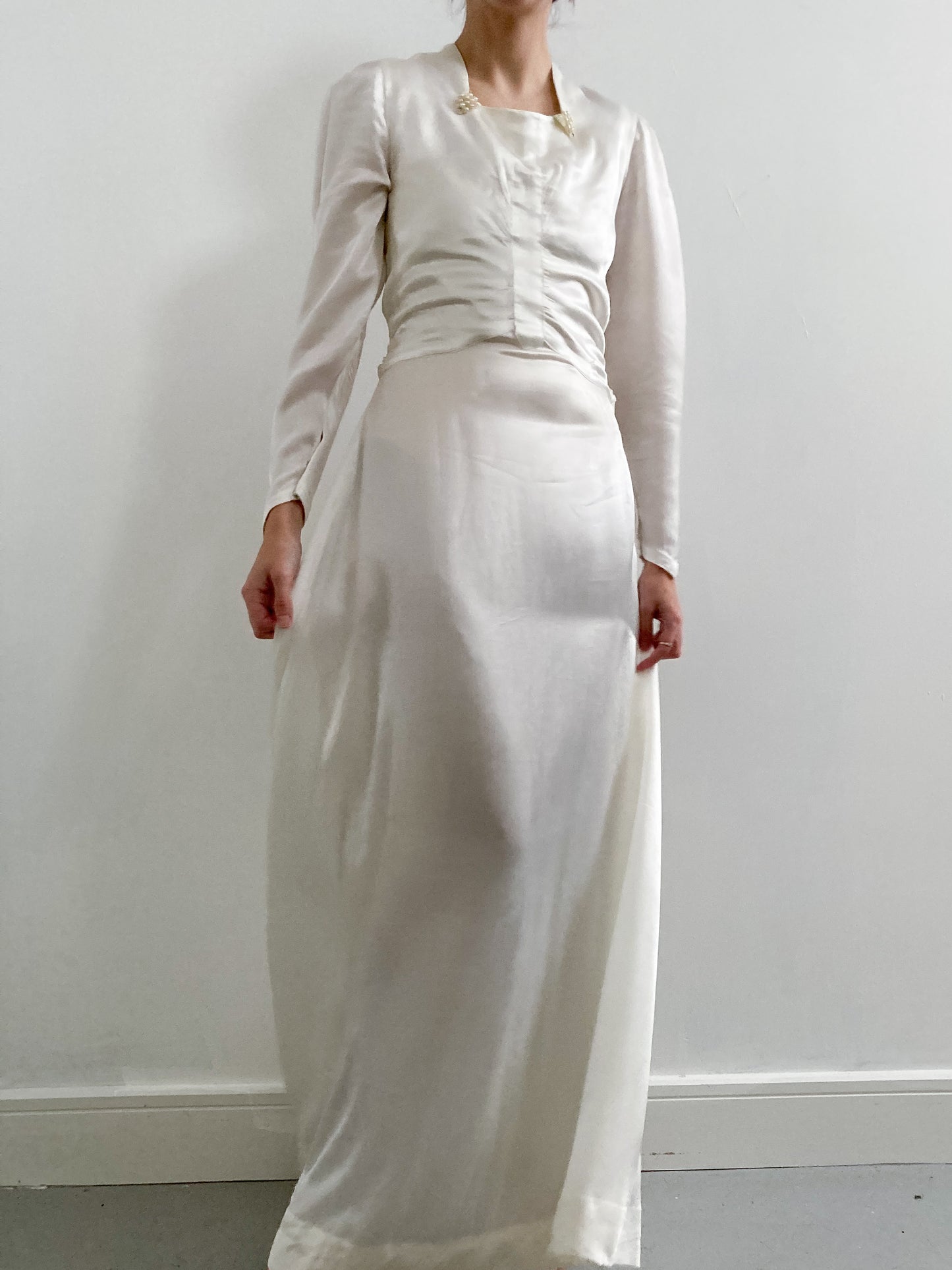 1940s Satin Wedding Dress with Pearl Detail