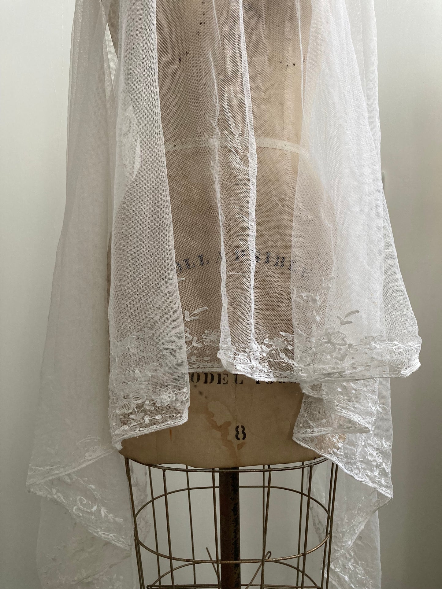 Antique Cathedral Tulle Veil with Fine Floral Edging