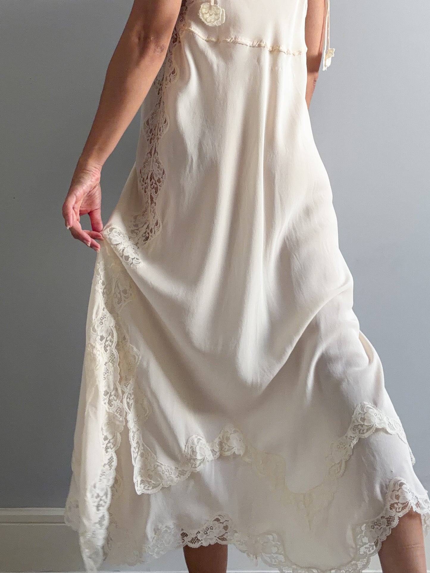 1970s Designer Pure Silk Nightgown With Lace Inserts