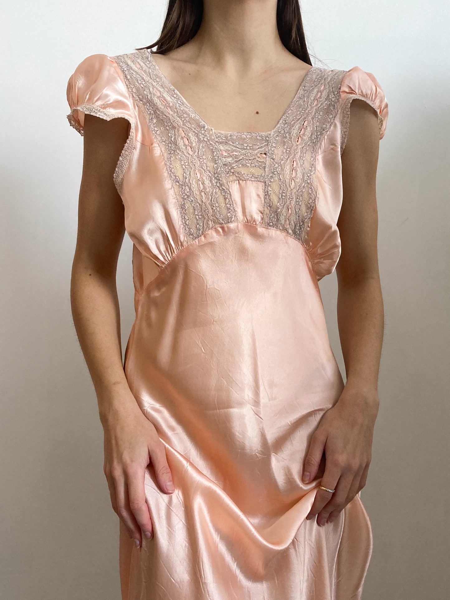 1930s Pink Satin Puff Sleeve Gown with Lace Embroidery