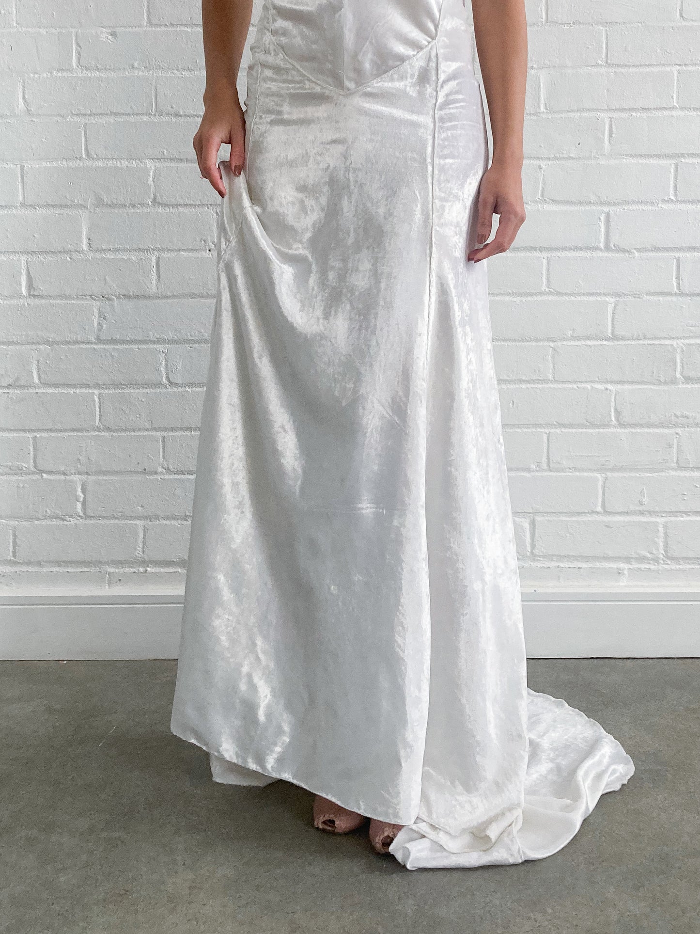 1930s Crushed Velvet Bias Cut Wedding Gown With Sweep Train