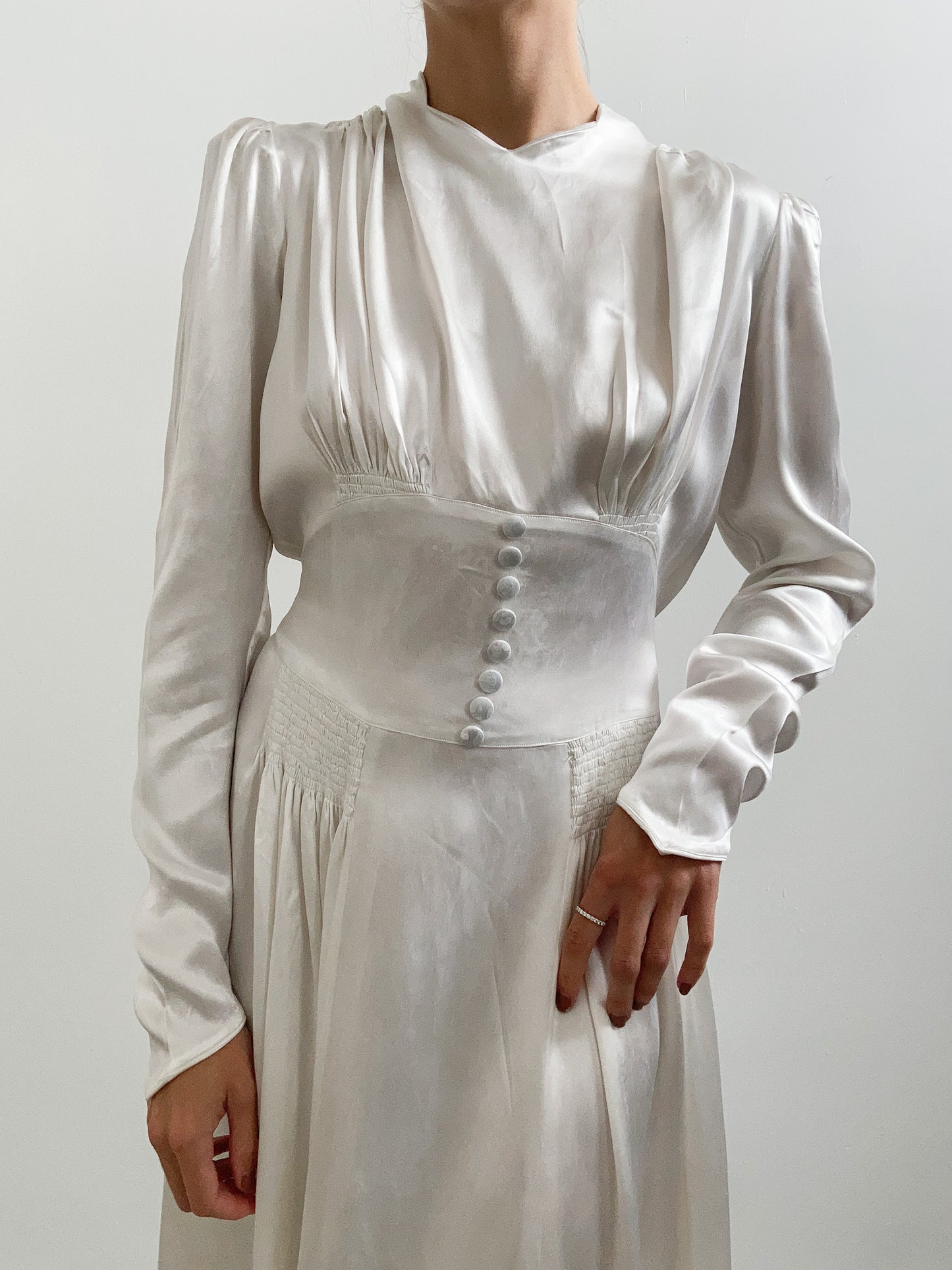 1940s Ivory Satin Wedding Dress with Buttons