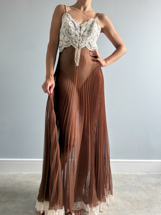 1970s Chocolate Pleated Nightdress with Cream Lace
