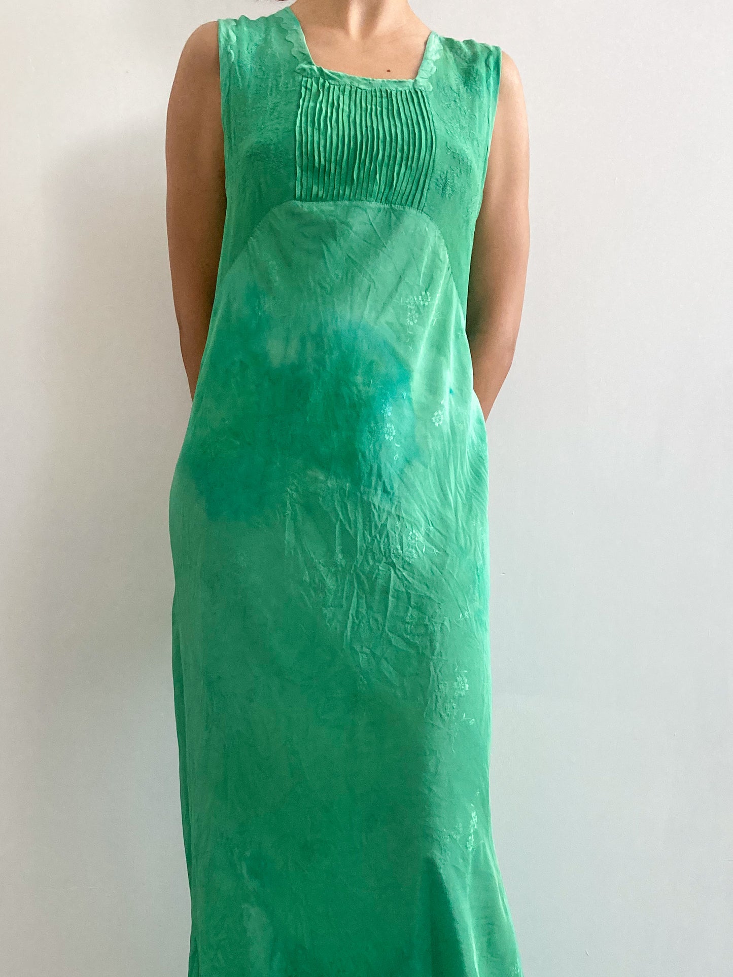 1930s Hand Dyed Silk Floral Slip Gown in Emerald