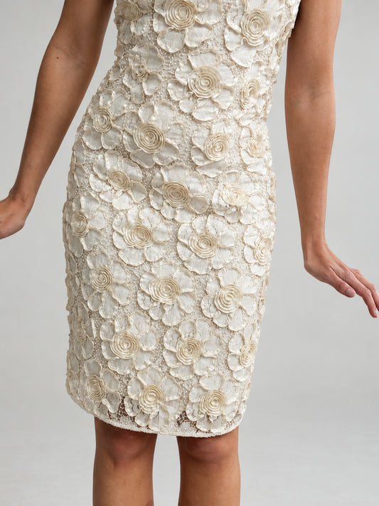 1980s Pearl Embroidered 3D Flower Mini Dress S M