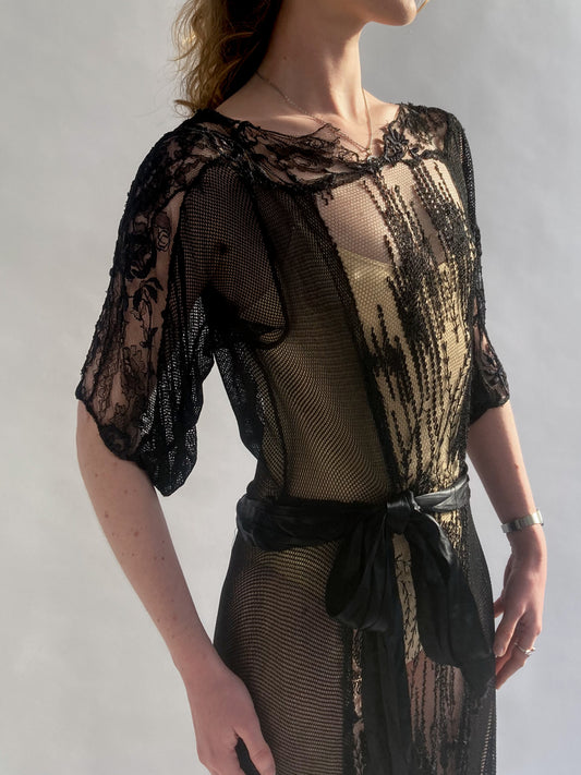 1920s Silk Cotton Black Crochet Dress