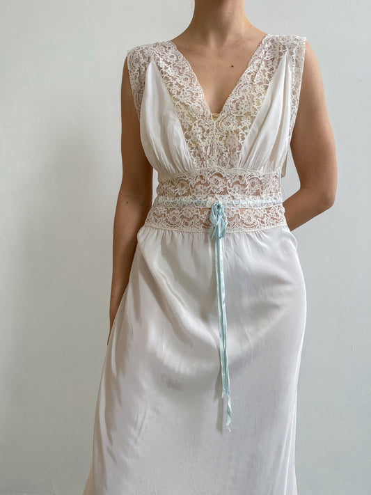 1940s White Slip Gown with Floral Trim & Blue Ribbon