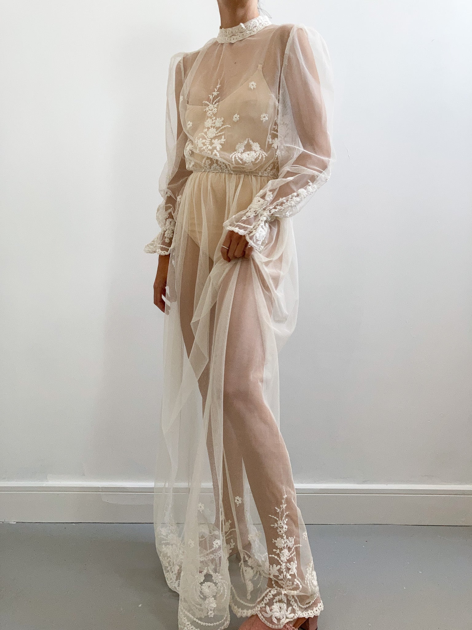 Vintage Sheer Net Wedding Dress with Flower Embroidery Adored Closet Vintage Sheer Net Wedding Dress with Flower Embroidery Adored Closet