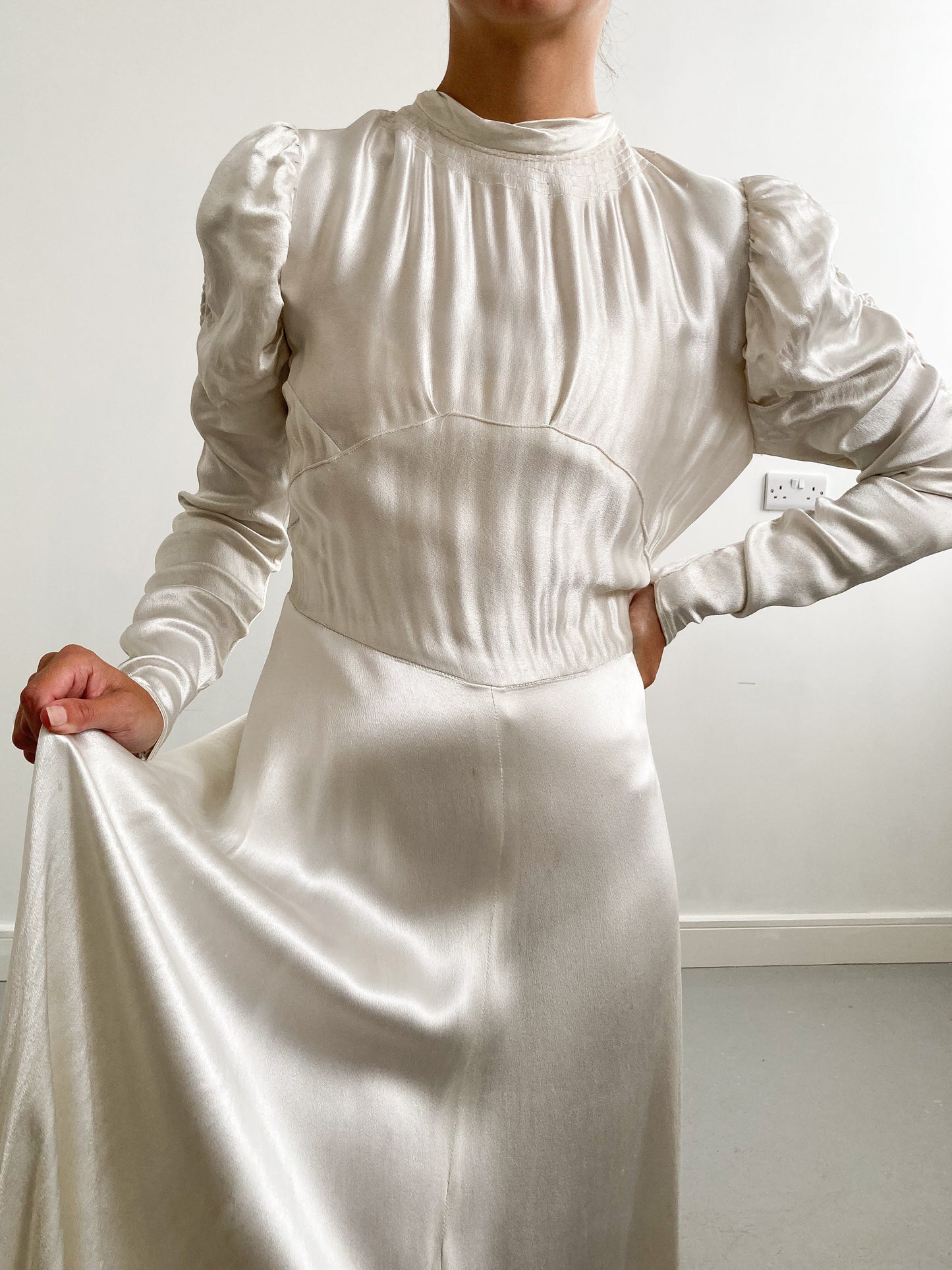 1940s Satin Ivory Wedding Gown with Ruched Sleeves and Small Train