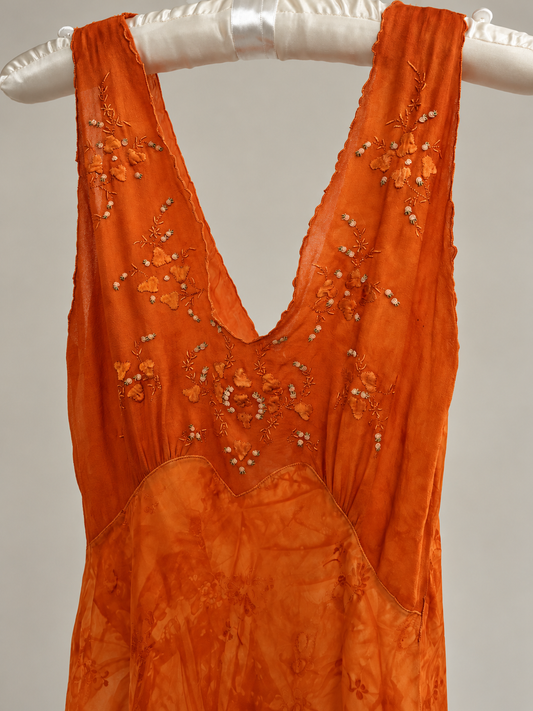 1930s Embroidered Silk & Chiffon Nightgown In Burnt Orange XS S