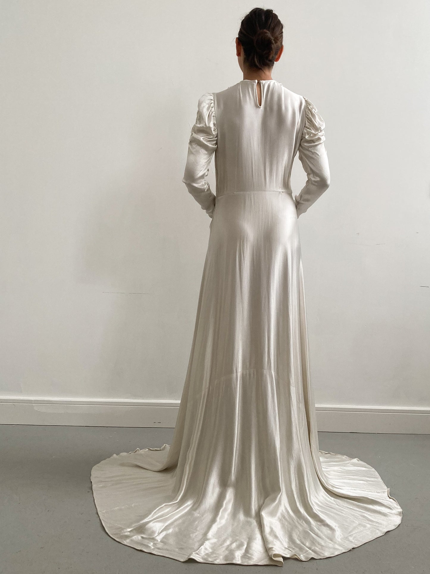 1940s Satin Ivory Wedding Gown with Ruched Sleeves and Small Train