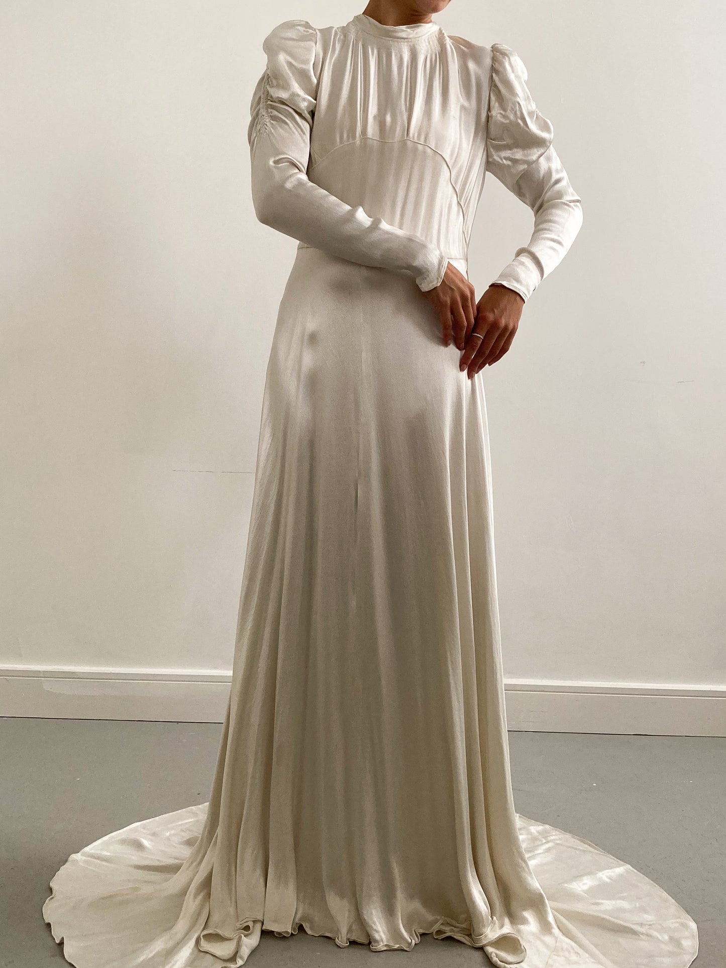 1940s Satin Ivory Wedding Gown with Ruched Sleeves and Small Train