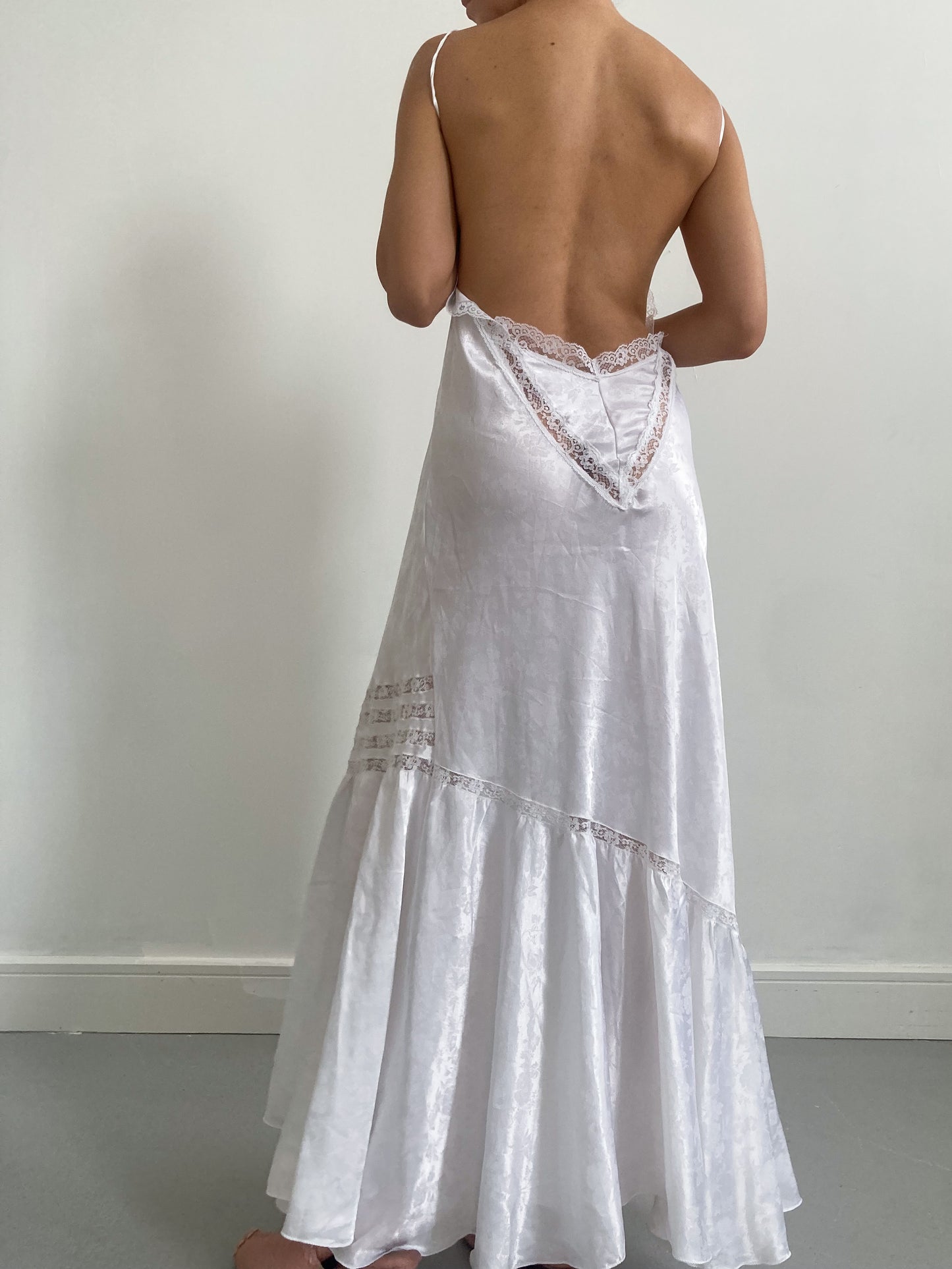 1980s Ivory Bridal Slip with Lace Inserts Low Back and Fishtail Hem