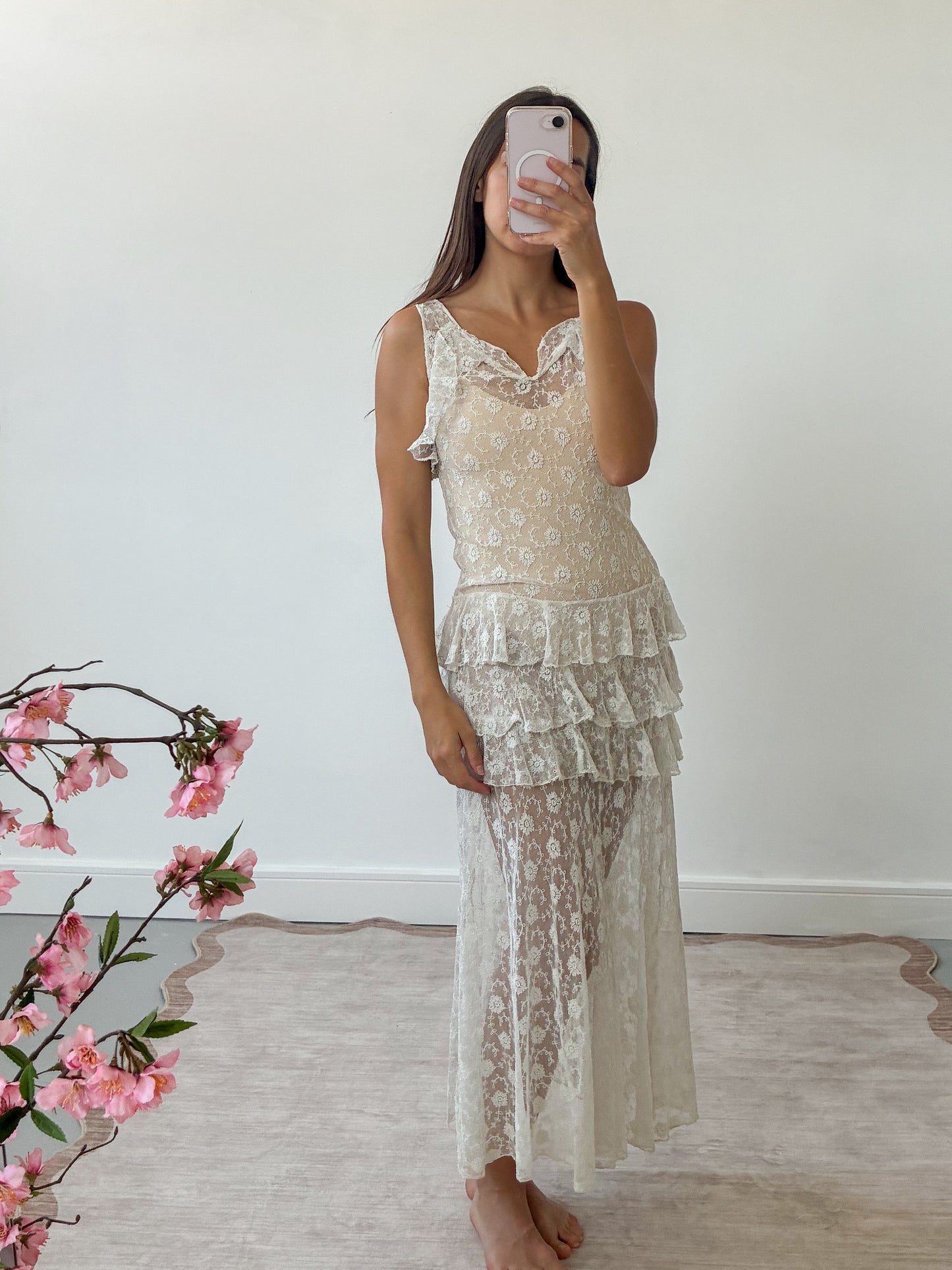 1930s French Floral Lace Dress With Ruffle Detail S