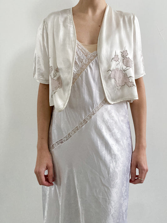1940s Satin Off White Bridal Jacket with Champagne Embroidery
