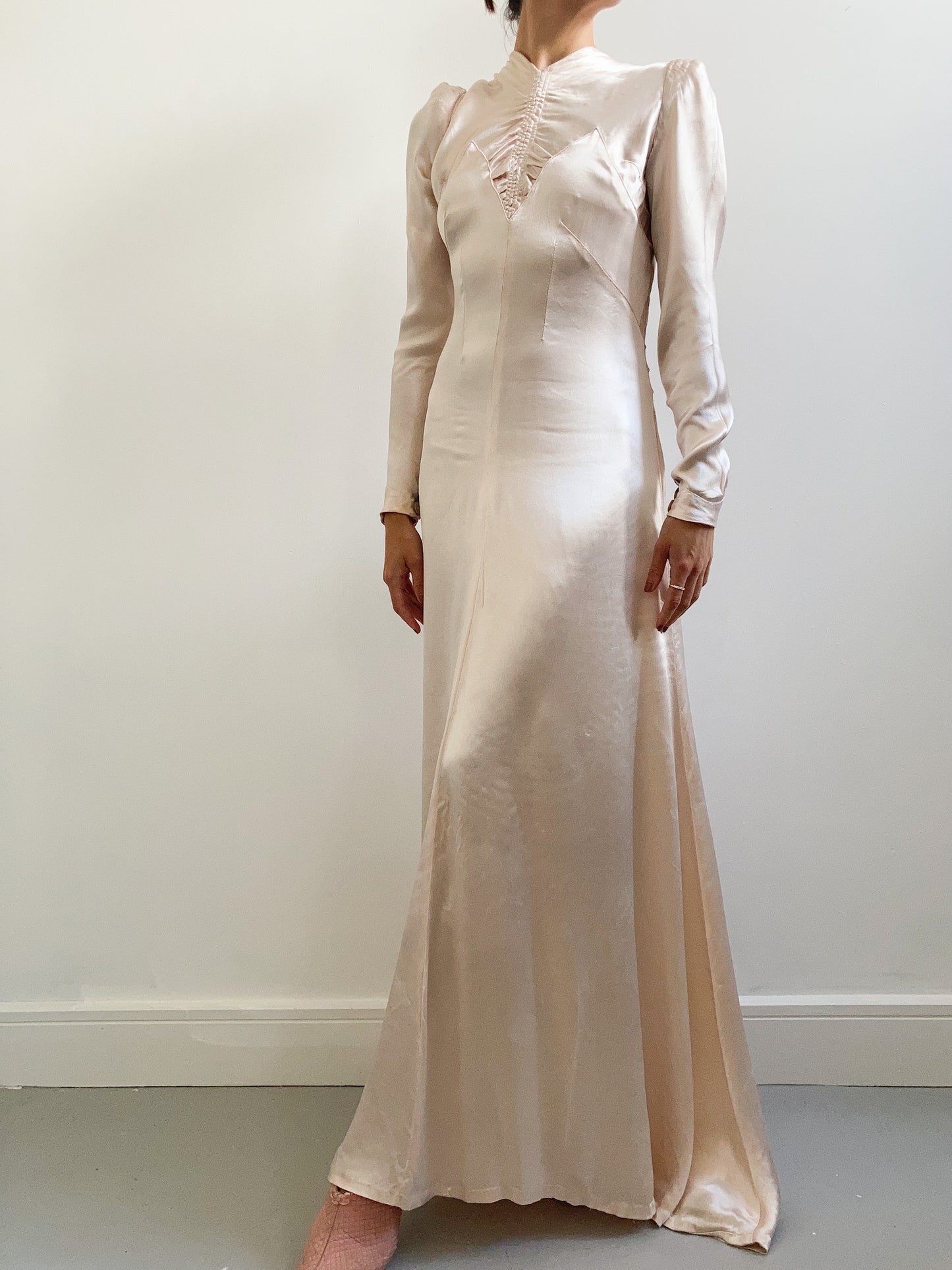 1930s Pink Champagne Silk Gathered Wedding Dress