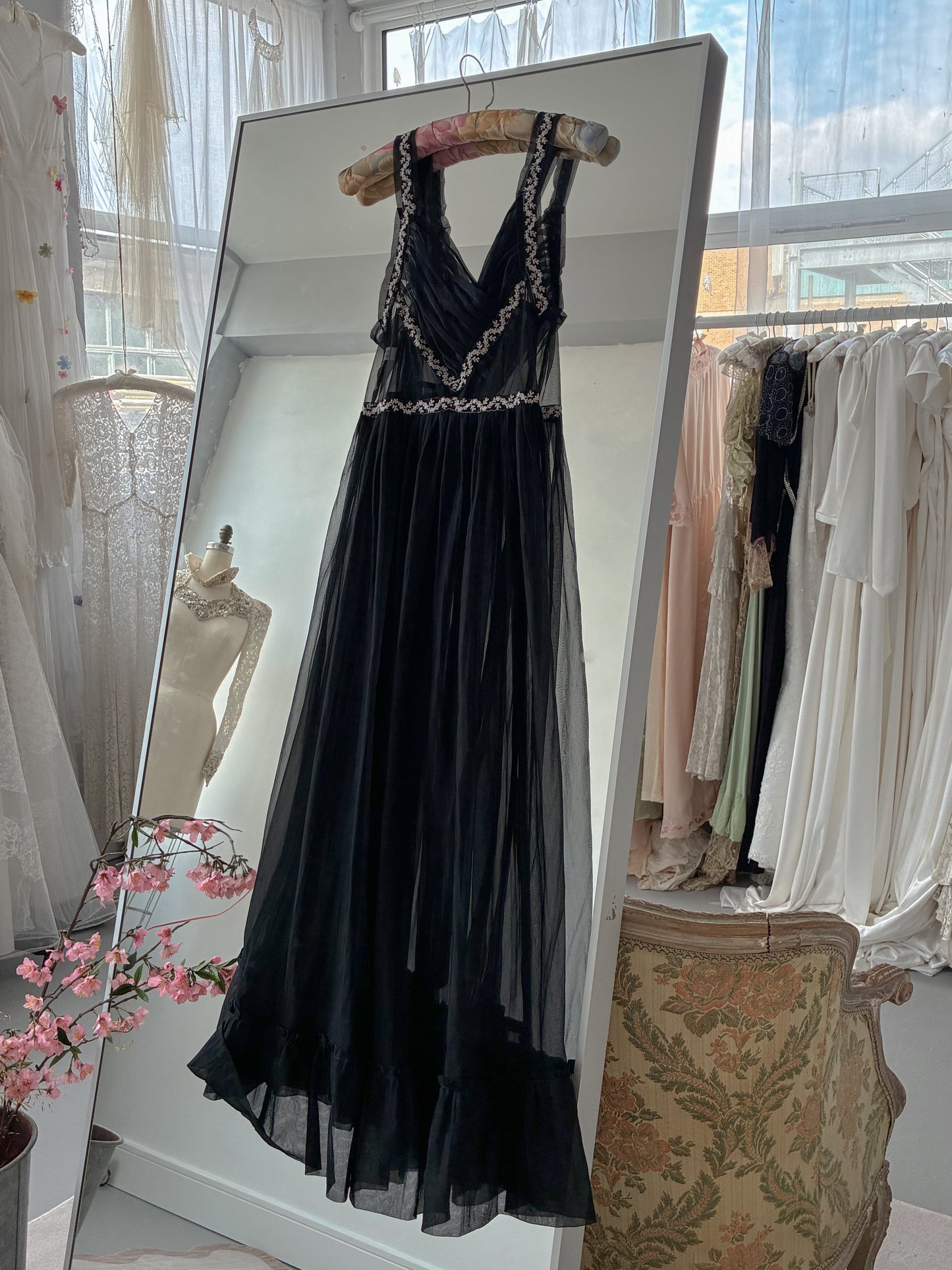 1950s Black Sheer Nightdress With Floral Embroidery S M