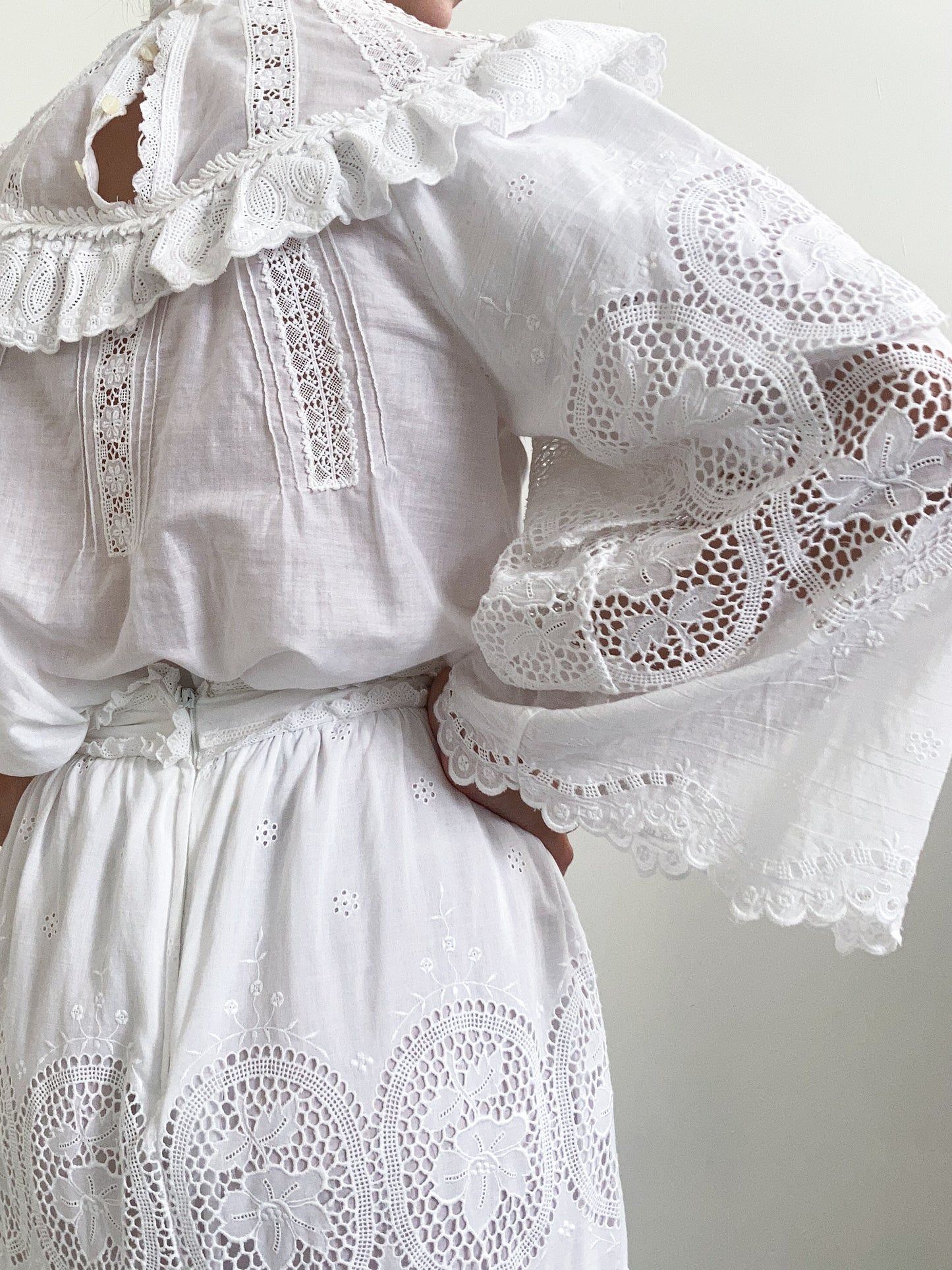 1970s Embroidered Two Piece Set with Tiered Sleeves