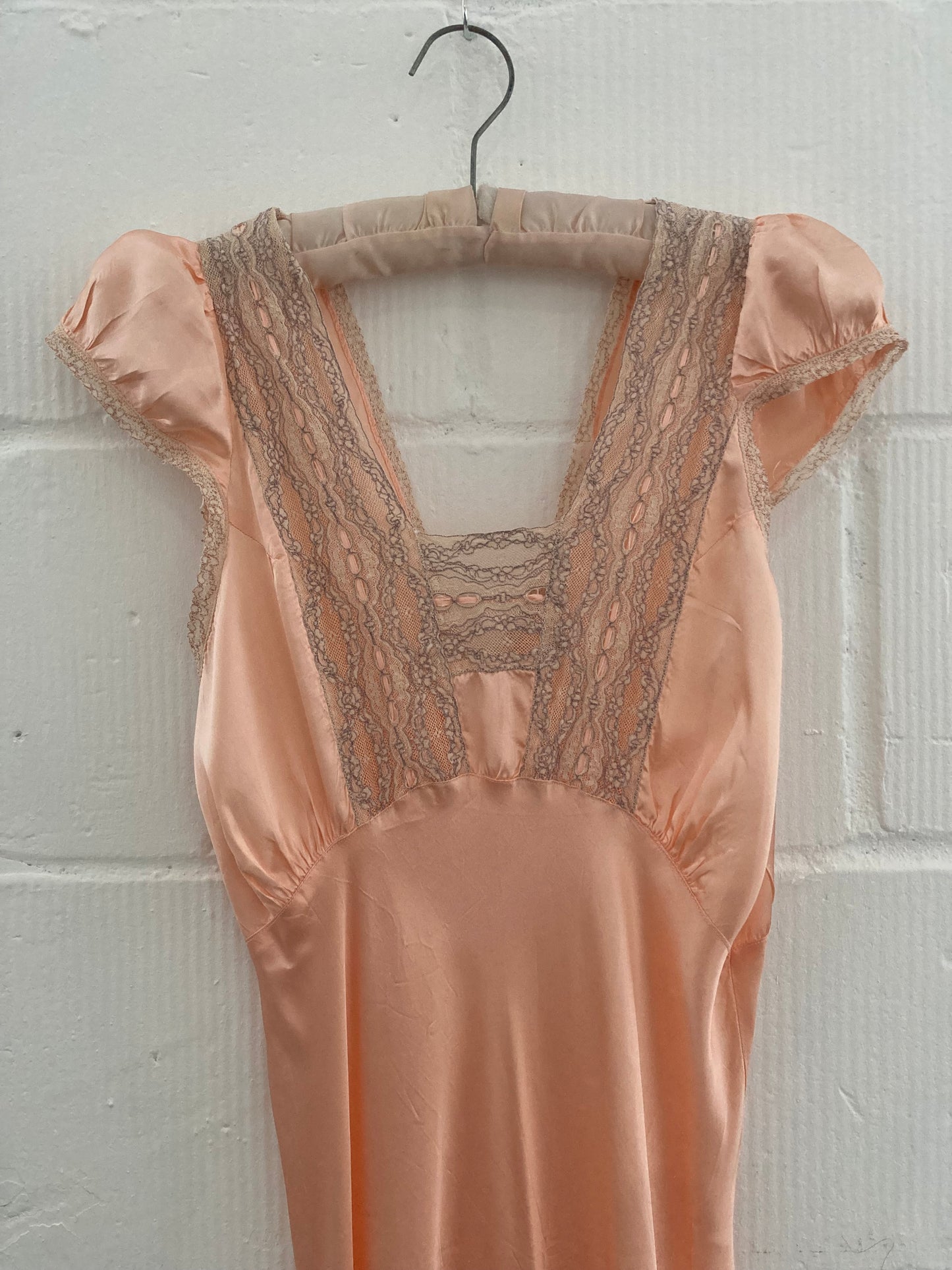 1930s Pink Satin Puff Sleeve Gown with Lace Embroidery