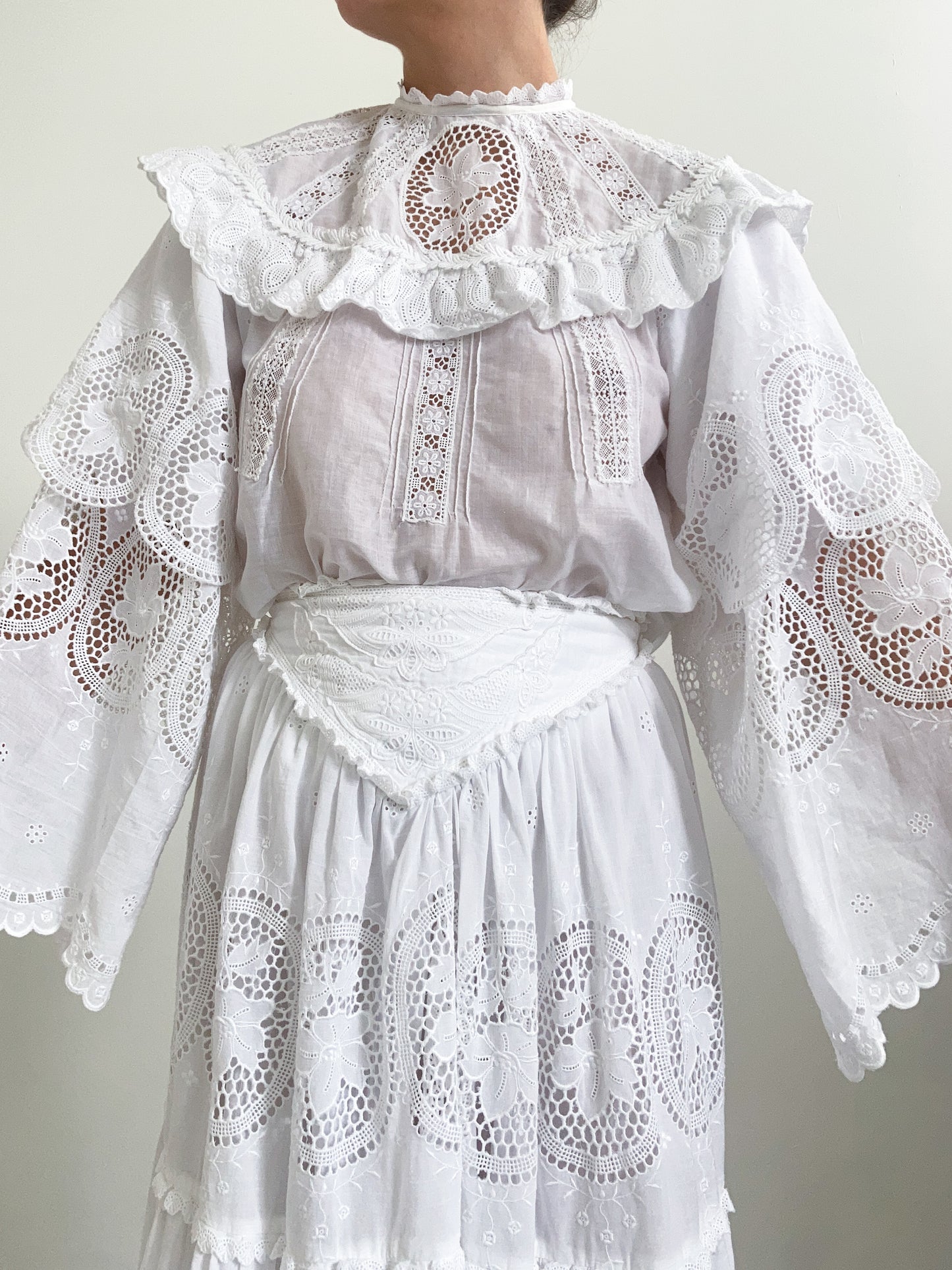 1970s Embroidered Two Piece Set with Tiered Sleeves