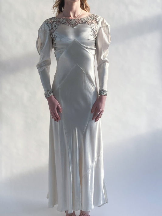 1930s Silk Charmeuse Wedding Dress With Star Embroidery