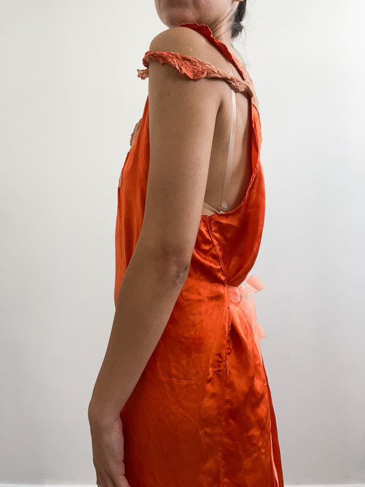 1930s Hand Dyed Silk Satin Slip with Lace and Cap Sleeves