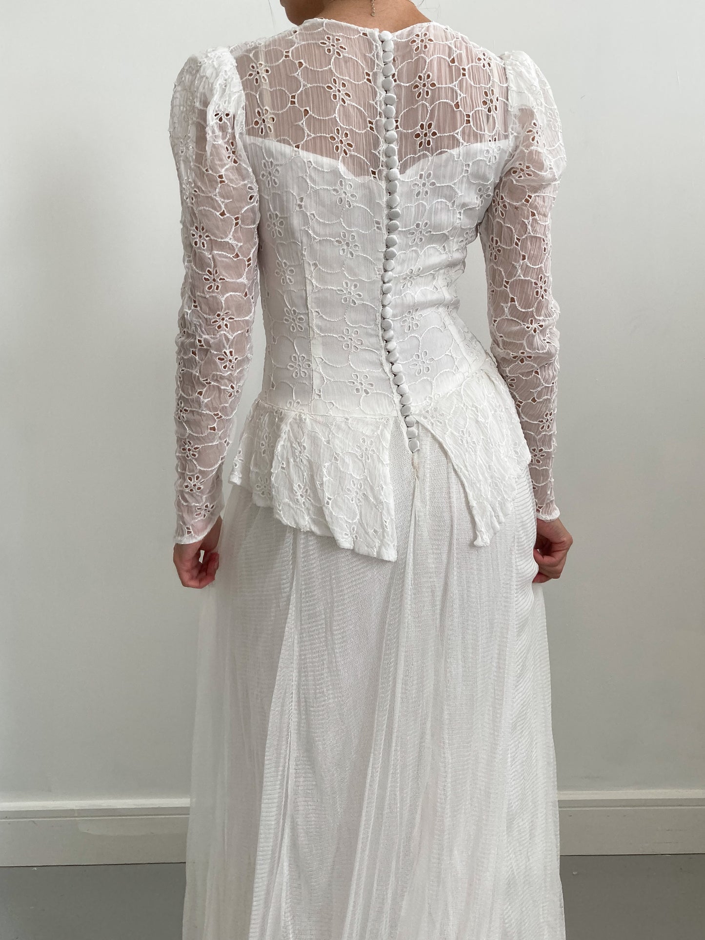 1940s Organdy Broderie and Net Wedding Dress with Train