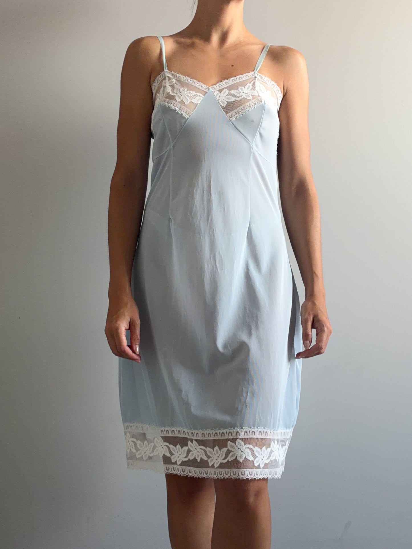 1940s Powder Blue Midi Slip With White Lace