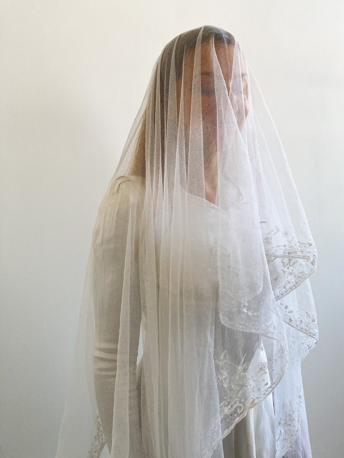 Antique Cathedral Tulle Veil with Fine Floral Edging