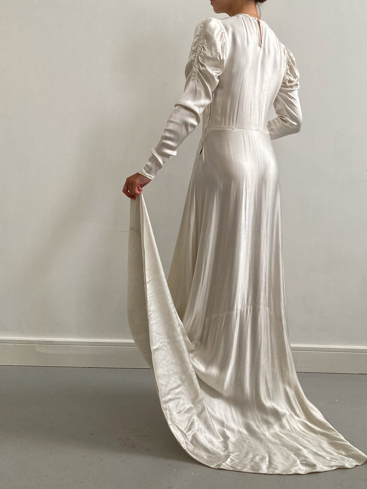 1940s Satin Ivory Wedding Gown with Ruched Sleeves and Small Train