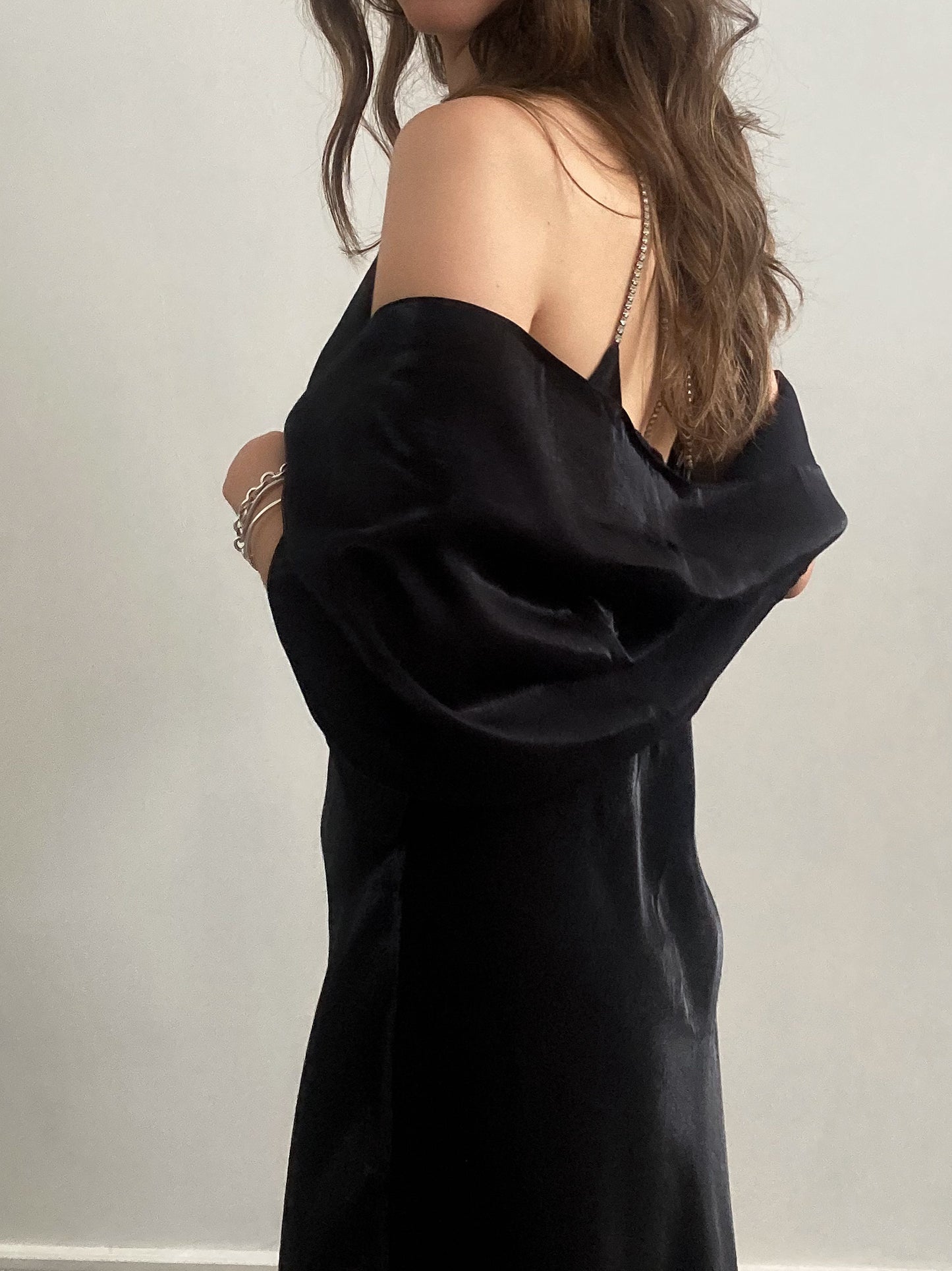 1990s Black Evening Gown with Cage Back and Diamante Straps