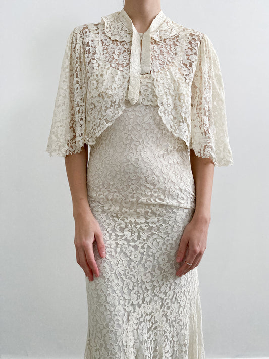 1930s Ivory Lace Ruffled Wedding Dress with Bolero