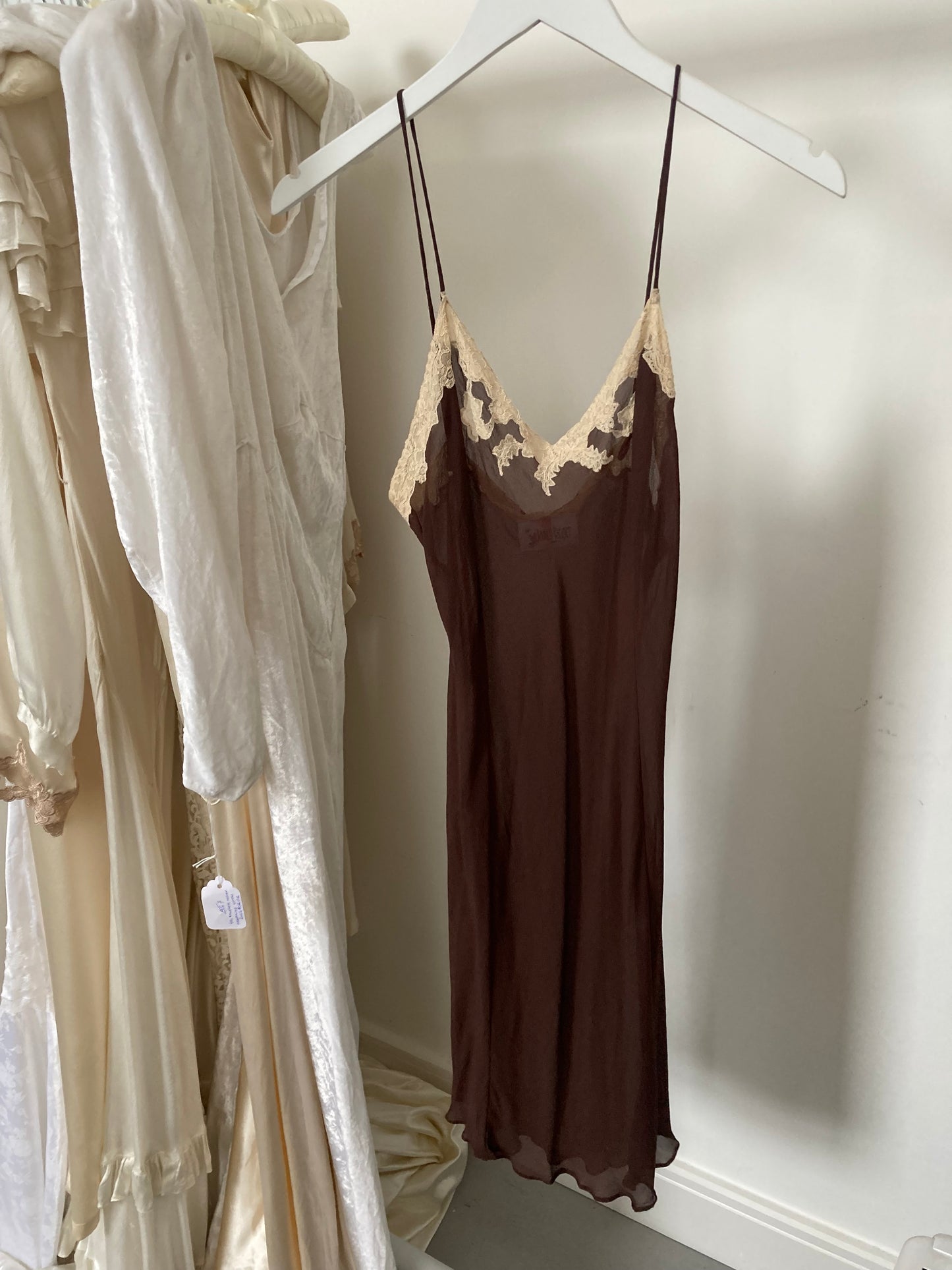 1970s Chocolate Silk Chiffon Slip with Champagne Lace S/M