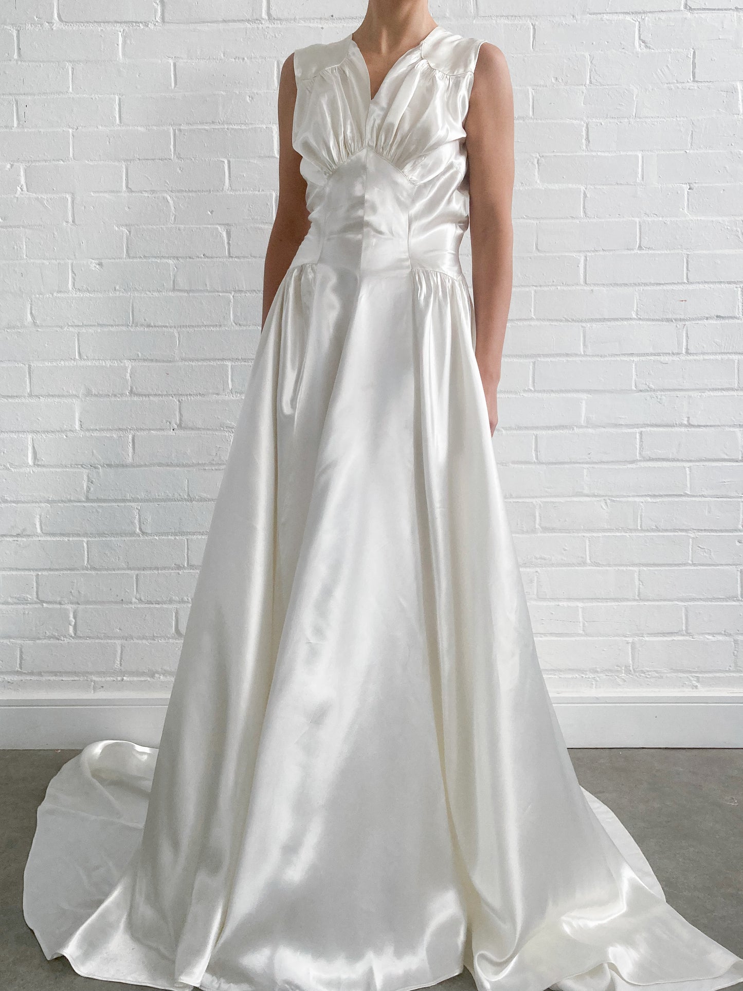 1940s Gathered Satin Wedding Gown with Chapel Train