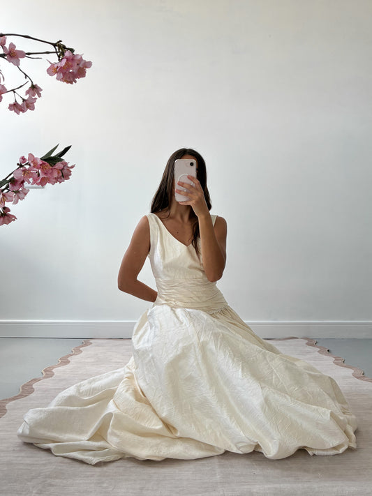 1980s Raw Silk Princess Dress With Wrap Bodice And Full Train M