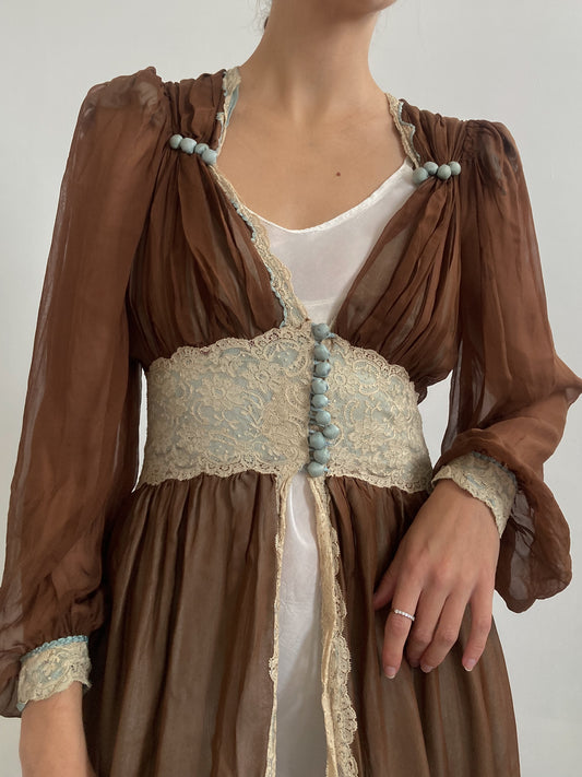 Antique Edwardian Chocolate Chiffon Silk Robe with Balloon Sleeves