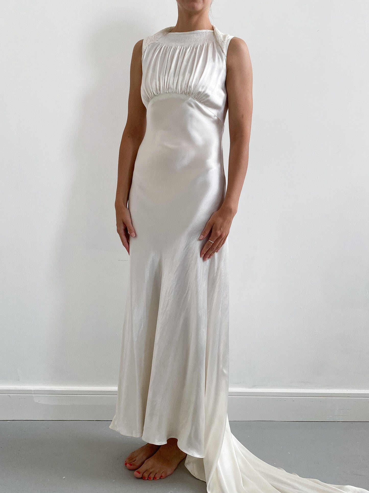 1930s Ivory Satin Sleeveless Wedding Dress with Gathered Neck & Train