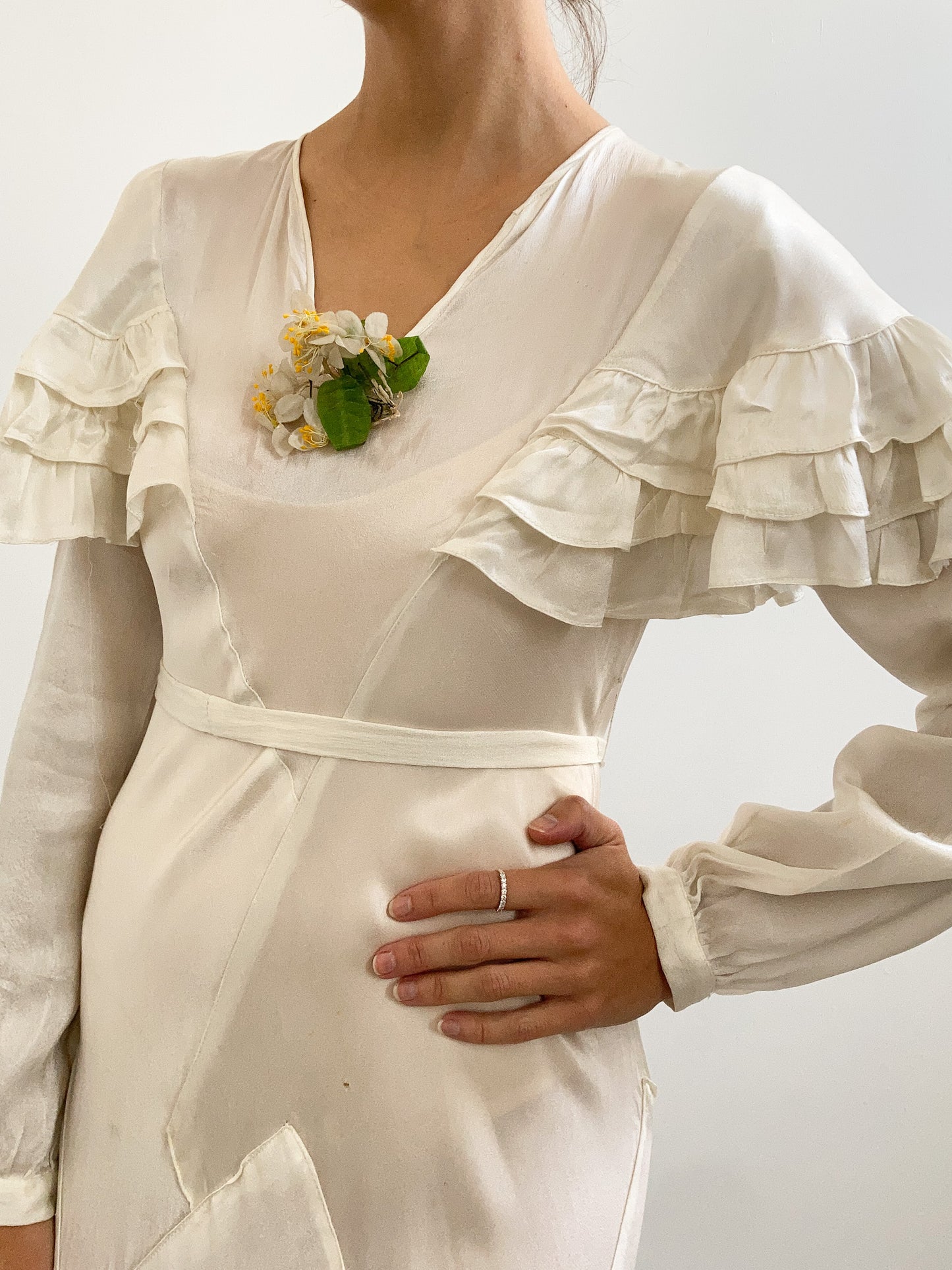 1930s Ivory Silk Ruffled Wedding Dress