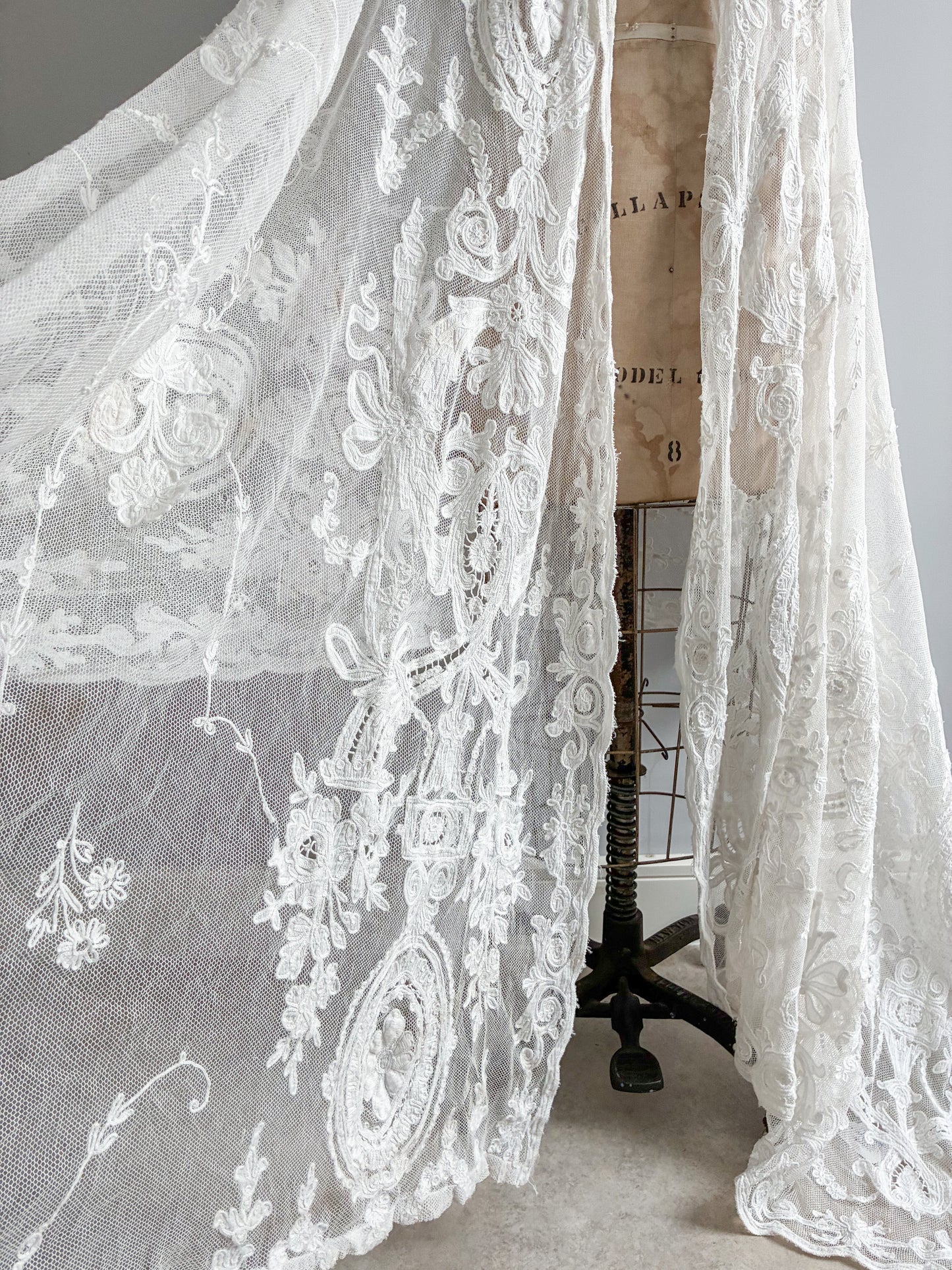 Antique French Heavy Cotton Tambour Tape Lace Veil