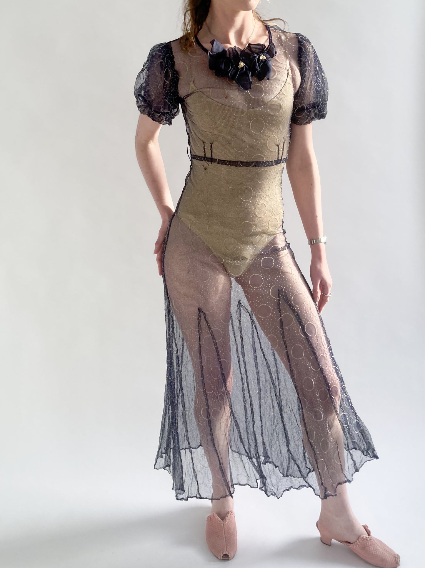 1930s Puff Sleeve Net Dress In Midnight Blue