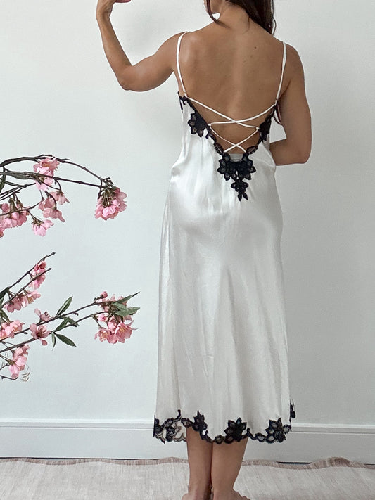1990s Silk Slip Gown With Cross Back And Black Lace M