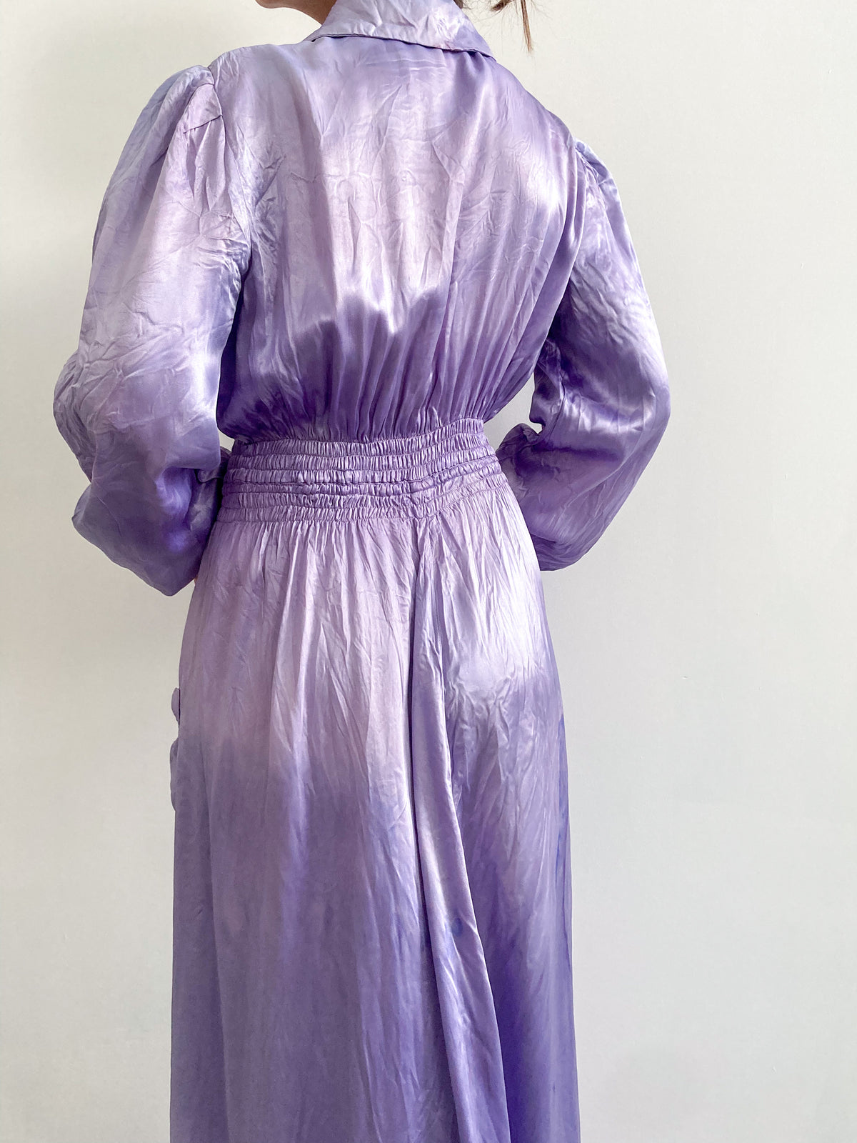 1930s Hand Dyed Satin Puff Sleeve Robe in Wisteria