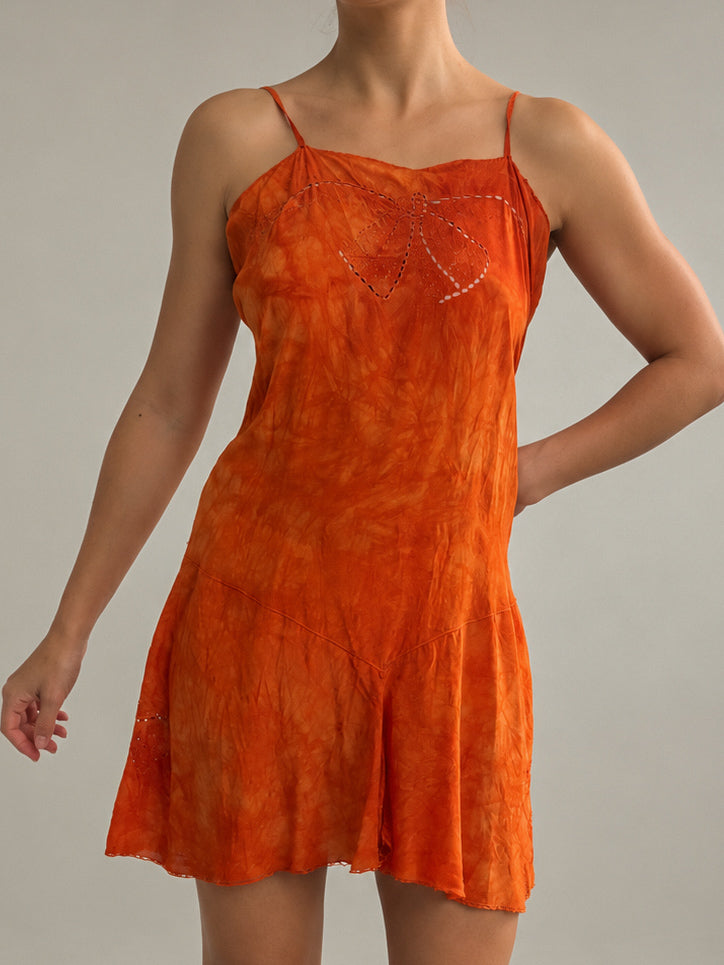 1930s Silk Mini Slip With Bow Embroidery Burnt Orange