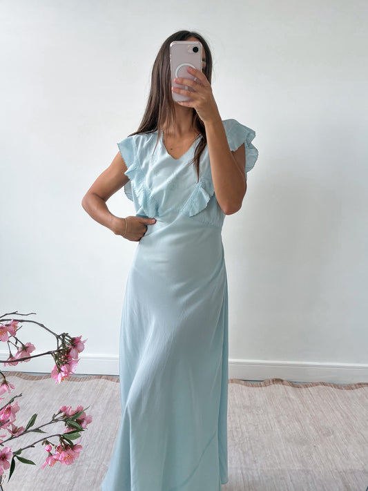 1930s Silk Powder Blue Nightdress With Frill & Embroidery M L